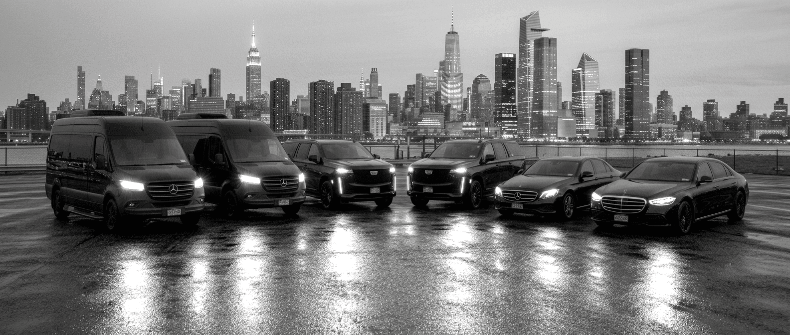 Eagle Eye Chauffeur's full luxury fleet — Sprinter vans, Cadillac Escalades, and Mercedes-Benz sedans lined up against the New York City skyline